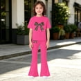 thumbnail image 5 of EnJoCho Girls Cute 2 Piece Outfits Teens Bow Graphic Sweatsuit Kids Summer Tracksui𝗍 Casual Short Sleeve Tops Flare Pants Set Girls Shorts Sleeve Tops Pants Set, 5 of 5