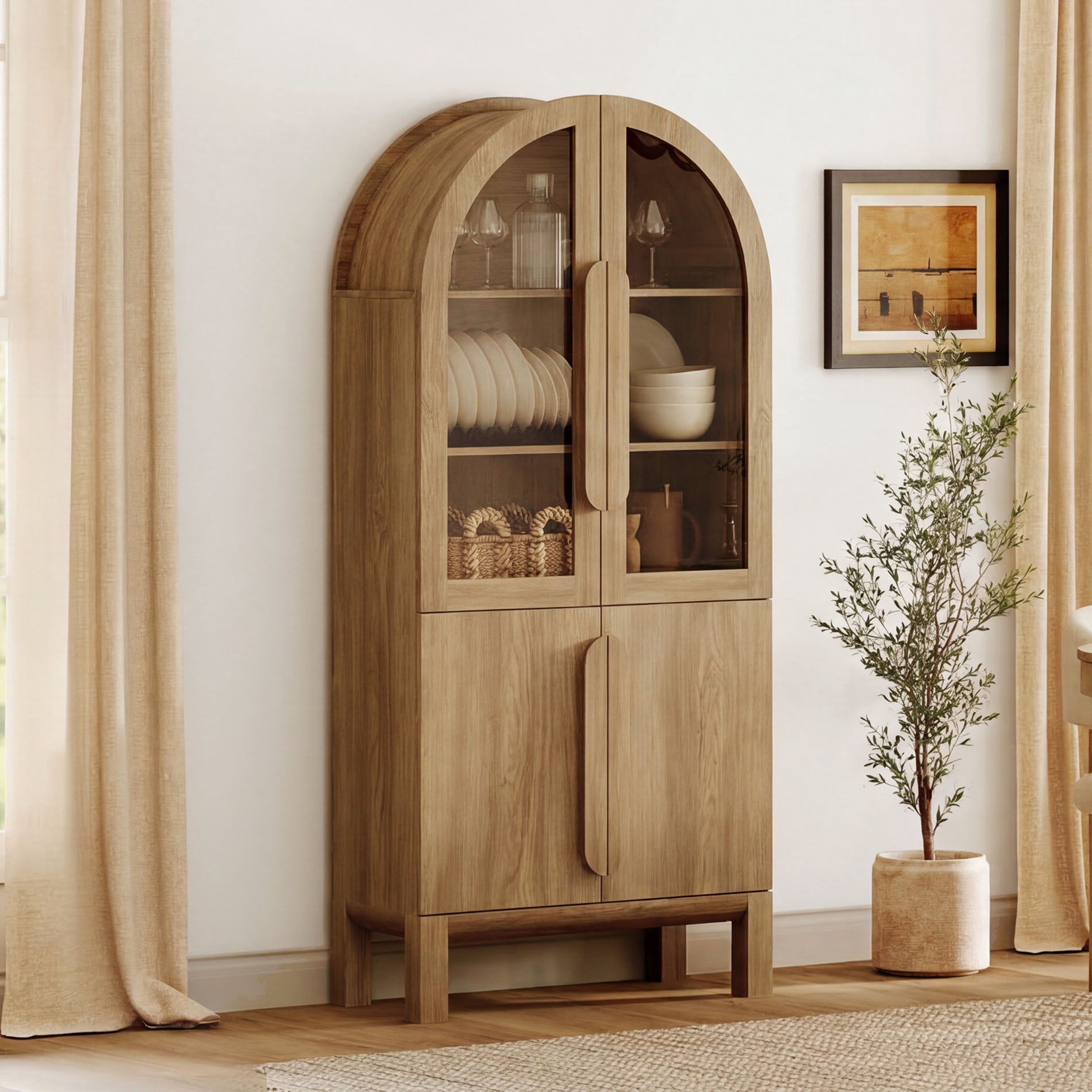 71" Tall Arched Kitchen Pantry Cabinet, Wood Bookcase Display Cabinet With Glass Doors And Adjustable Shelves, Mid-Century Modern Versatile Cupboard For Dining Room, Bedroom