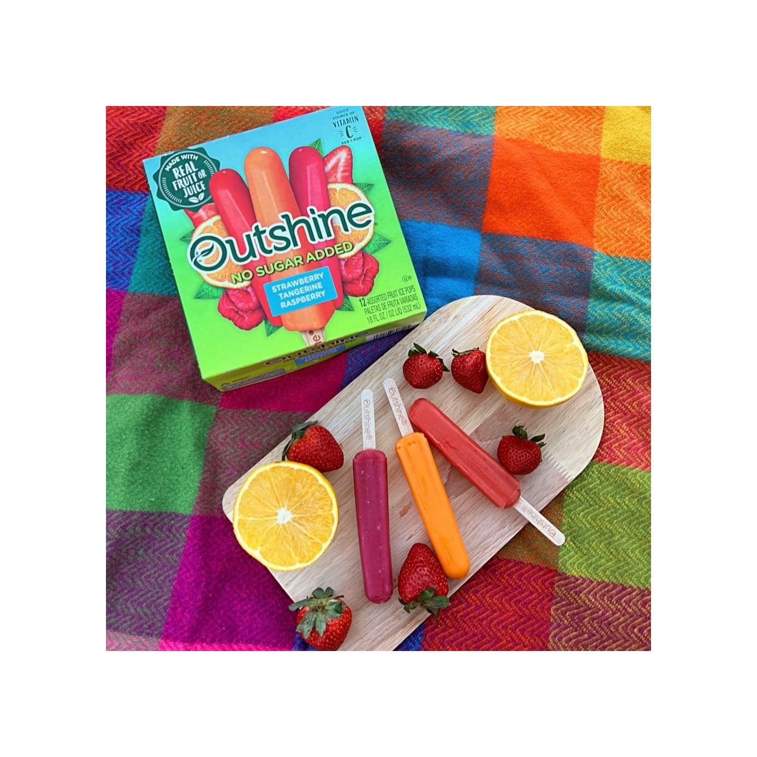 Outshine No Sugar Added Strawberry, Tangerine, and Raspberry Frozen Mini Fruit Pops, Variety Pack, 12 Count