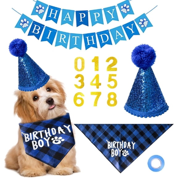 GoXteam Dog Birthday Party Supplies, Dog Birthday Hat with Numbers Bandana Bow Tie for Medium Large Dog Pet (Blue)