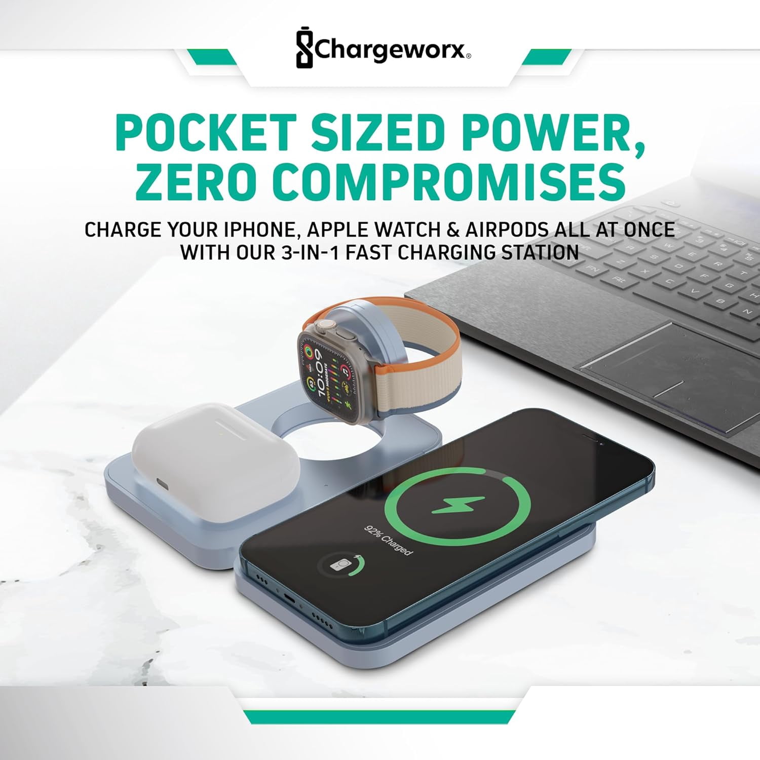 Chargeworx 3-in-1 Wireless Charger, Foldable Magnetic Charging Station, 15W, Blue