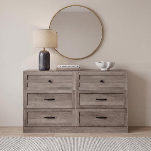 Vingud 6 Drawer Dresser for Bedroom,54" Tall Dresser Wood Chest Bedroom Dressers, Modern Dresser for Closet,Dresser TV Stand for Living Room, Brown Gray