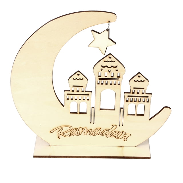 Decoración de madera Eid-UL-FIGR Luna Estilo de estilo Islam Color de registro con pedestal El festival de ornamentos de madera rompiendo para artesanías JM01353 2 Paquete Monstrate HA011757-01