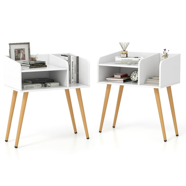 Gymax Set of 2 Mid Century Modern End Table w/ Open Shelves Metal Support Legs White & Natural