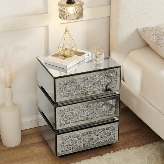 Mirrored Nightstand, Modern Side Table with 3 Storage Drawers, Accent End Table with Crushed Diamonds for Bedroom, Living Room, Sliver