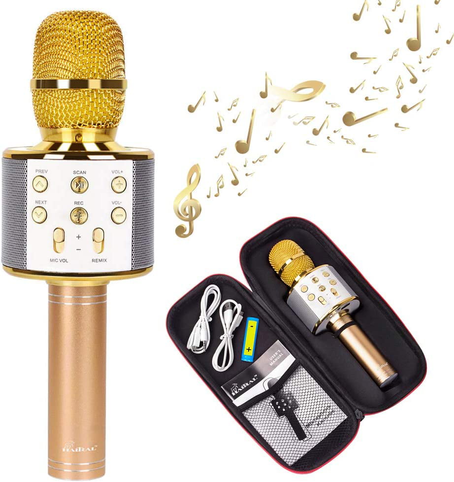 Micrófono Inalámbrico Karaoke Bluetooth,Micrófono Karaoke Portátil para KTV,Cantar,Grabación,Karaoke Player Micrófono con 2 Altavoces Incorporados Compatible con PC/iPad/iPhone-Oro rosa 