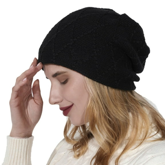 ManxiVoo Unisex Winter Warm Knitted Beanie with Grid Diamond Design and Soft Pile Lining for Ear Protection in Cold Weather Outdoor Activities Black