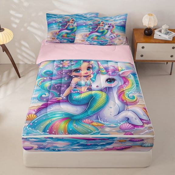 Homewish Girls Mermaid Princess Zipper Full Size Comforter Sets with Fitted Sheet and 2 Pillowcases, Magic Unicorn Zipper Bedding Set, Pink Reversible, 4 Pieces