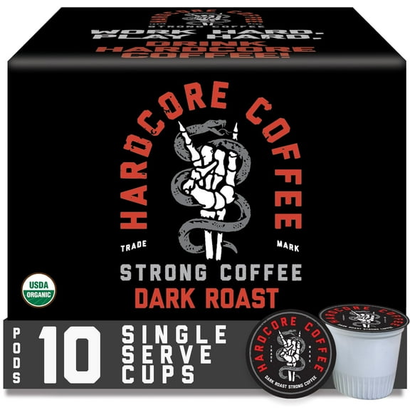 Hardcore Single Serve Coffee Pods for Keurig K Cup Brewers, High Caffeine, Strong Roast, 10 Count