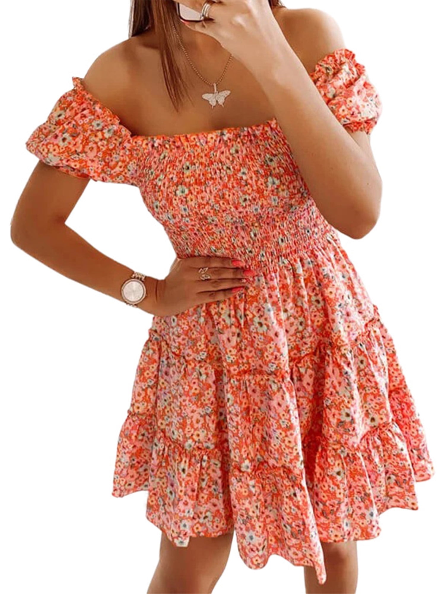 Avamo Puff Sleeve Dress for Women Hawaiian Floral Print Sundress Smocked  Ruffle Beach Dress Summer Casual Tiered Swing Mini Dress - Walmart.com