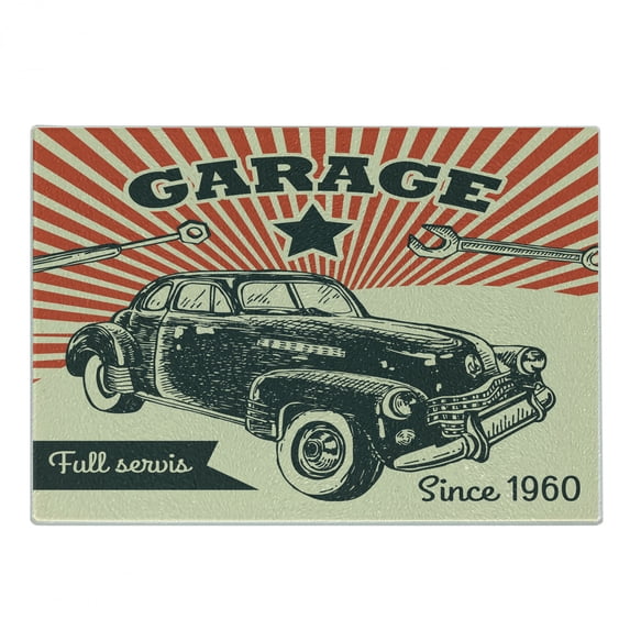 Cars Cutting Board, Retro Car and Garage Advertising Poster Style Picture with Grunge Effects 1960s, Decorative Tempered Glass Cutting and Serving Board, Small Size, Emerald Orange, by Ambesonne