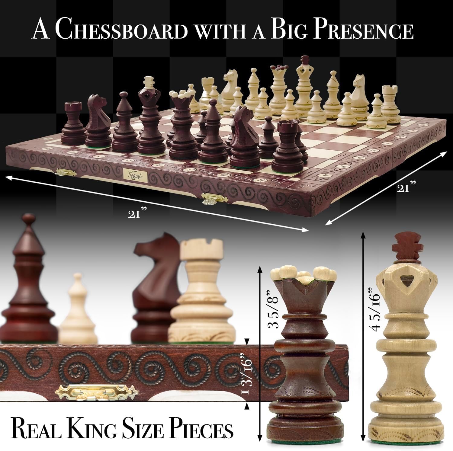 Wegiel Imperator 21-Inch Luxury Wooden Chess Set for Adults - Handcrafted from Premium Beech and Birch Wood, Brown