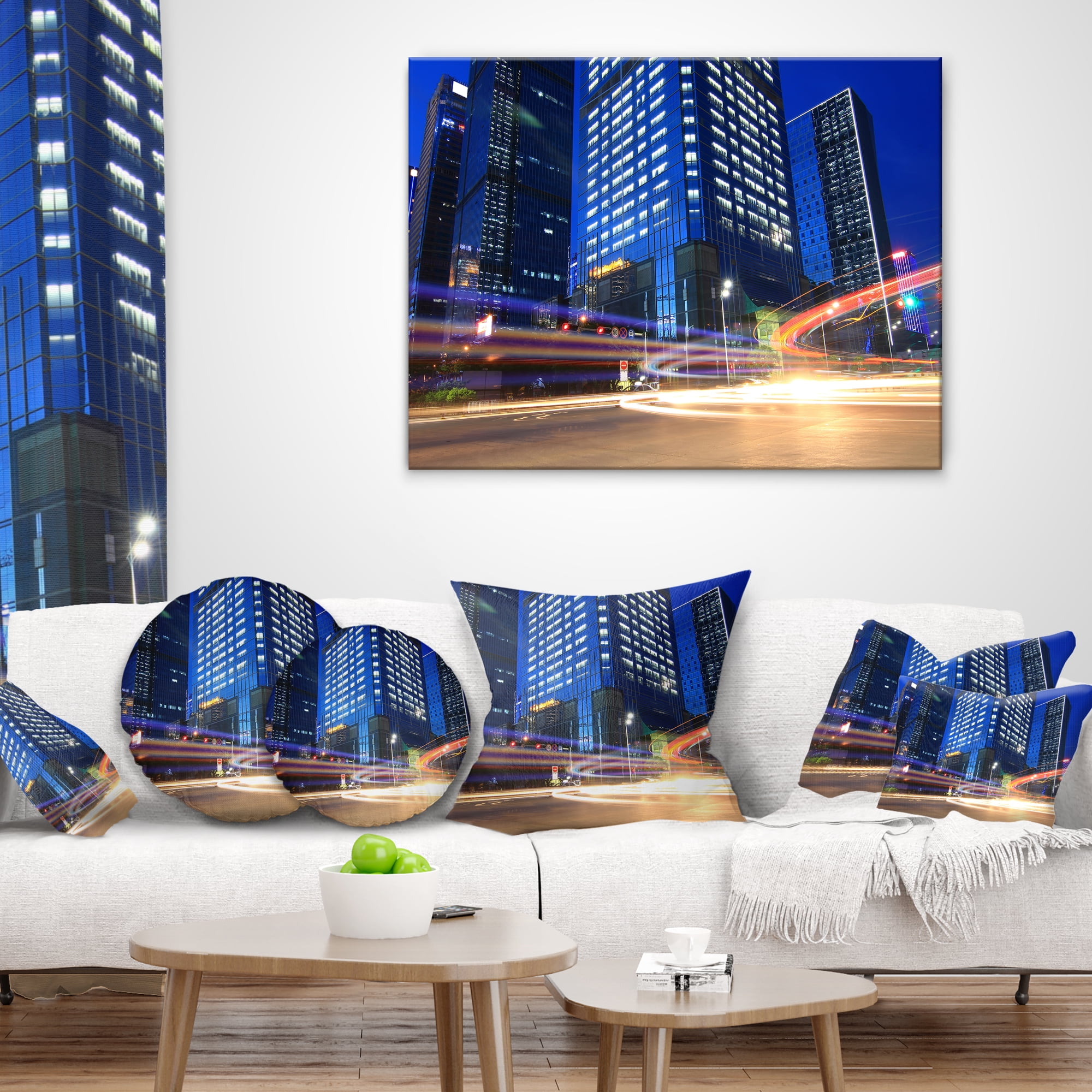 Designart Light Trails in Blue City - Cityscape Digital Throw Pillow - 16x16