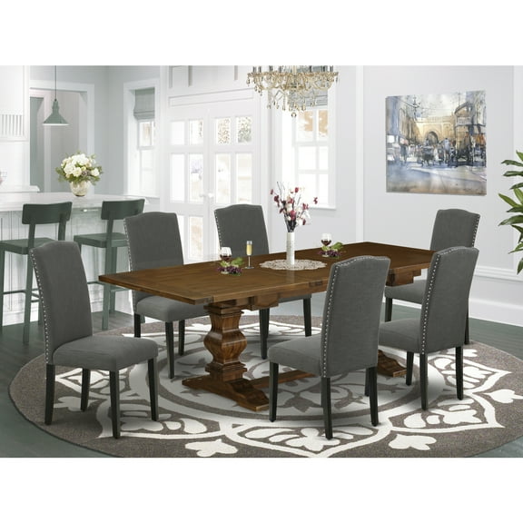 7-Piece Dining Set - Mid Century Modern TableChairs - Antique WalnutDark Gray Linen Fabric