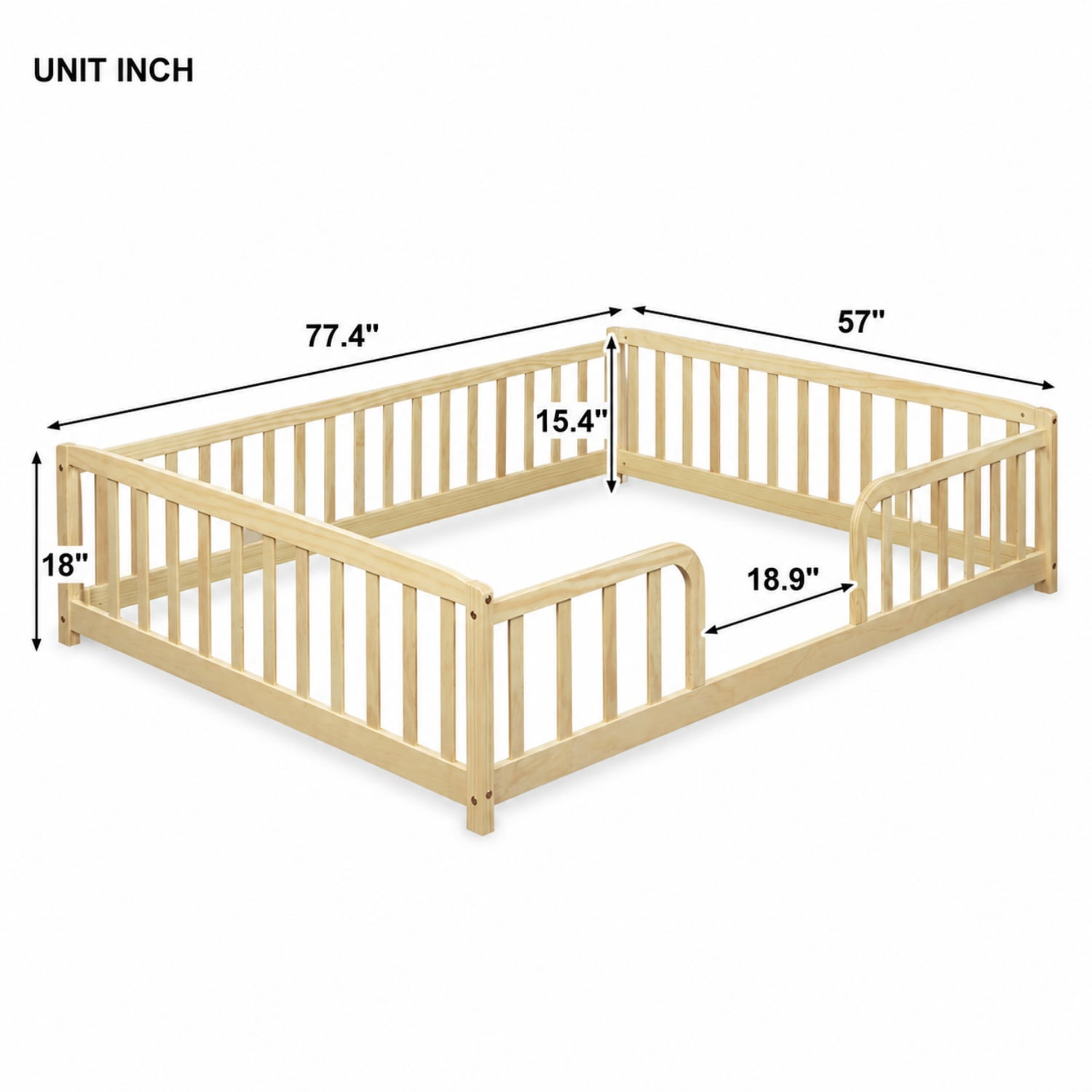Miniyam Full Size Floor Bed with Guardrails, Low Profile Wooden Kids Bed Frame with Rounded Entrance, Natural