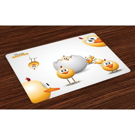 

Easter Placemats Set of 4 Happy Chicks Emerging Out of a Cracked Egg Funny Cartoon Style Animals Washable Fabric Place Mats for Dining Room Kitchen Table Decor Orange Yellow White by Ambesonne
