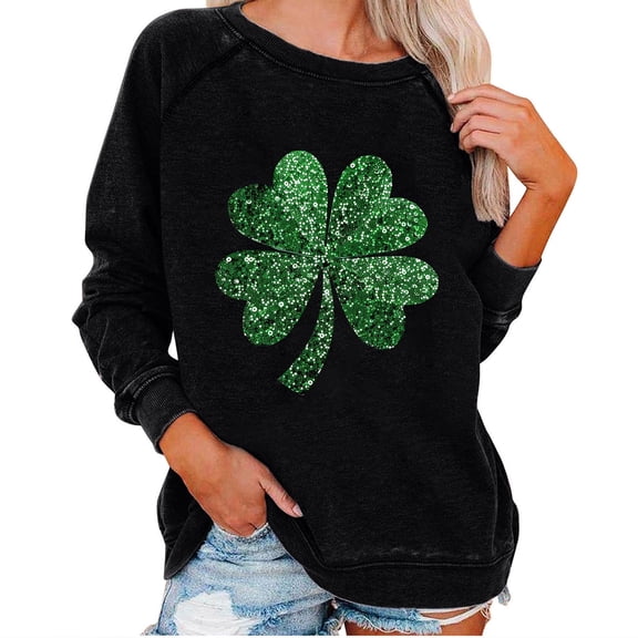 Goodeals Womens Loose Sweatshirts Lucky Green Glitter Graphic Pullover Tops Casual Fashion Long Sleeve Shirt Lucky Clover Irish Sweatshirts Saint Patrick's Outfits(Black,L)