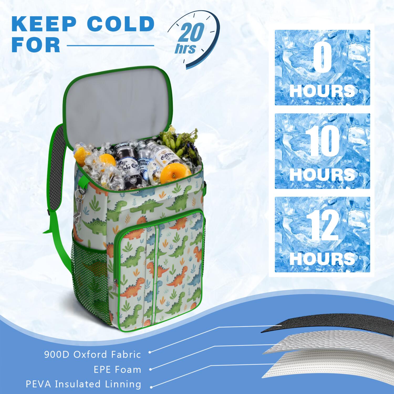 Travel Cooler Bag - LightGreen Cartoon Dinosaurs Leaves Pattern Camping Beer Cooler Backpack with Bottle Opener- Waterproof Insulated Picnic Backpacks - Cooler Bag for Beach