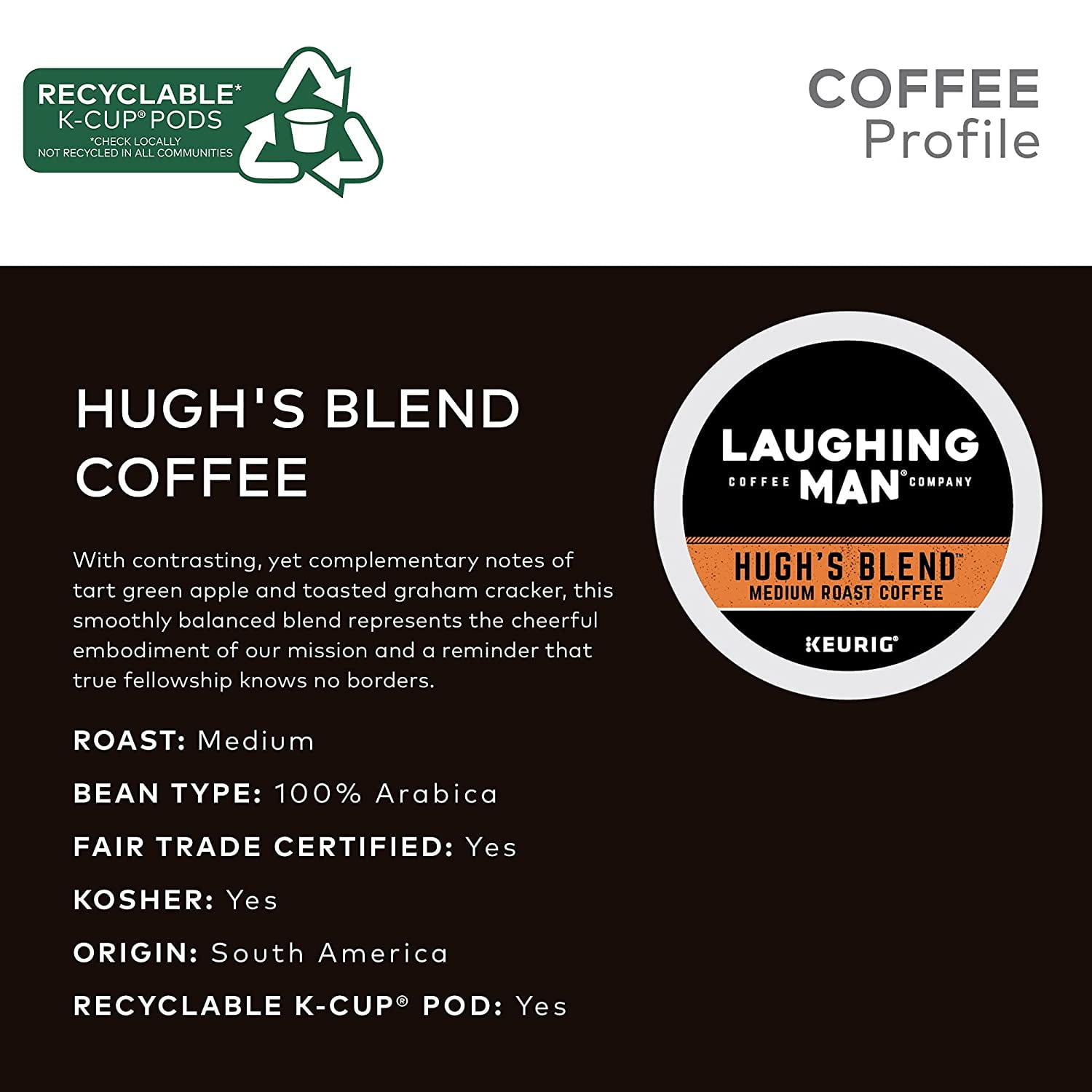 Laughing Man Hugh's Blend Keurig Single-Serve K-Cup Pods, Medium Roast Coffee, 60 Count (6 Packs of 10)