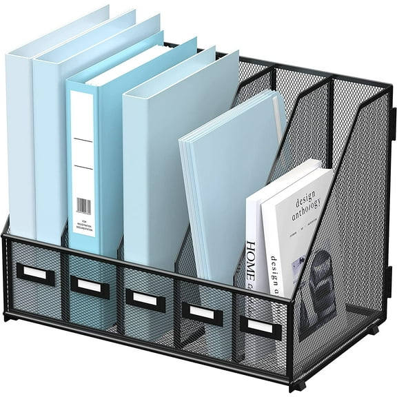 Desk Organizers Metal Desk Magazine File Holder with 5 Vertical Compartments Rack File Organizer for Office Desktop, Home Workspace, Black