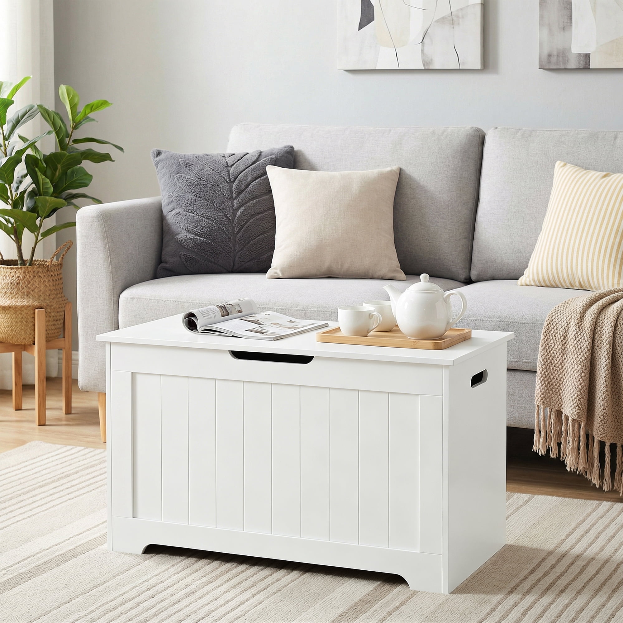 SuperDeal 30-Inch Lift Top Storage Chest Wooden Home Organizer Bench with Safety Hinged Lid Large MDF Toy Box Entryway Bedroom Living Room, White