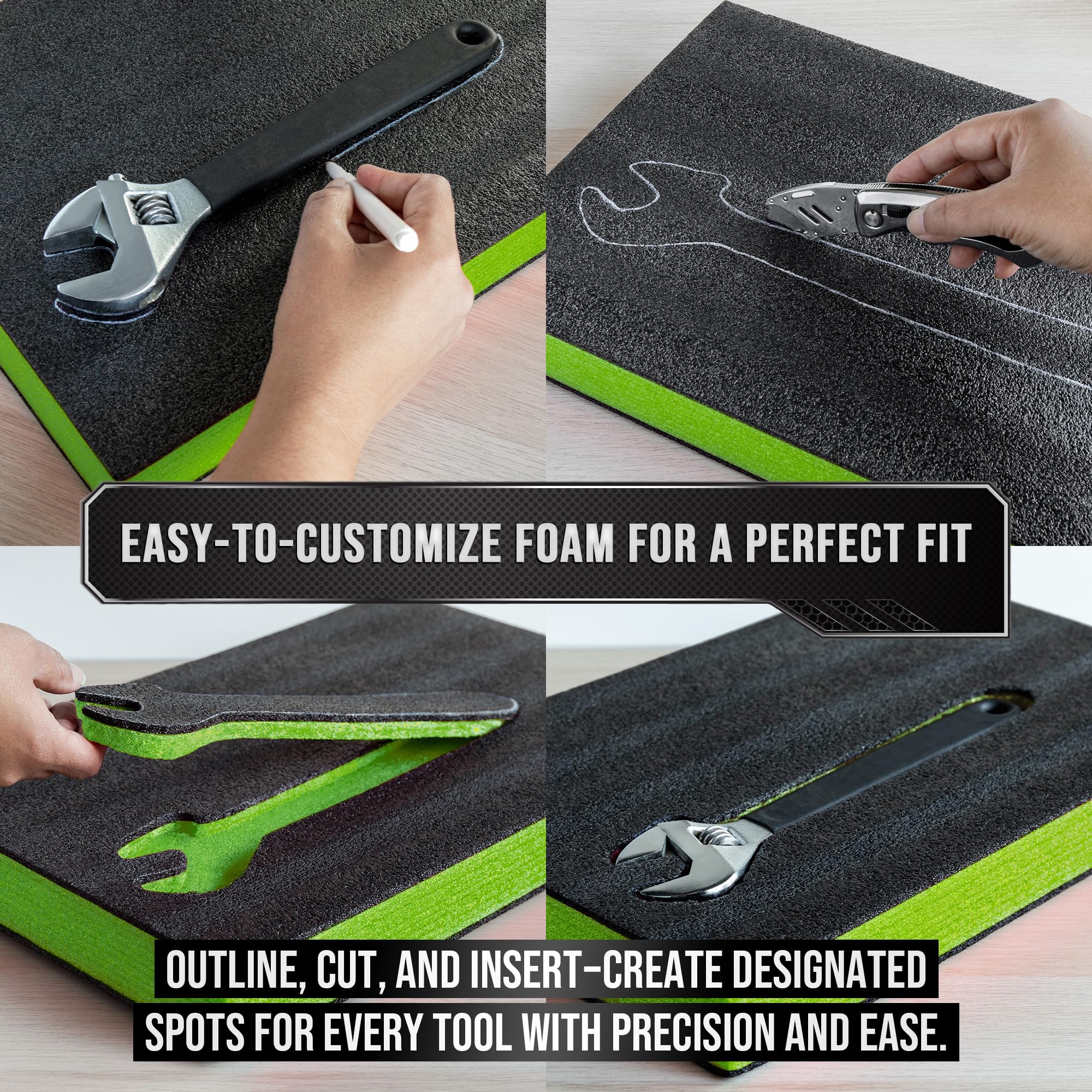 Precision Defined Tool Box Foam - Protective Inserts for Cases, Polyethylene Tool Foam for Cases, Cushion Insert for Toolboxes - 18" Black/Green (3 pack)