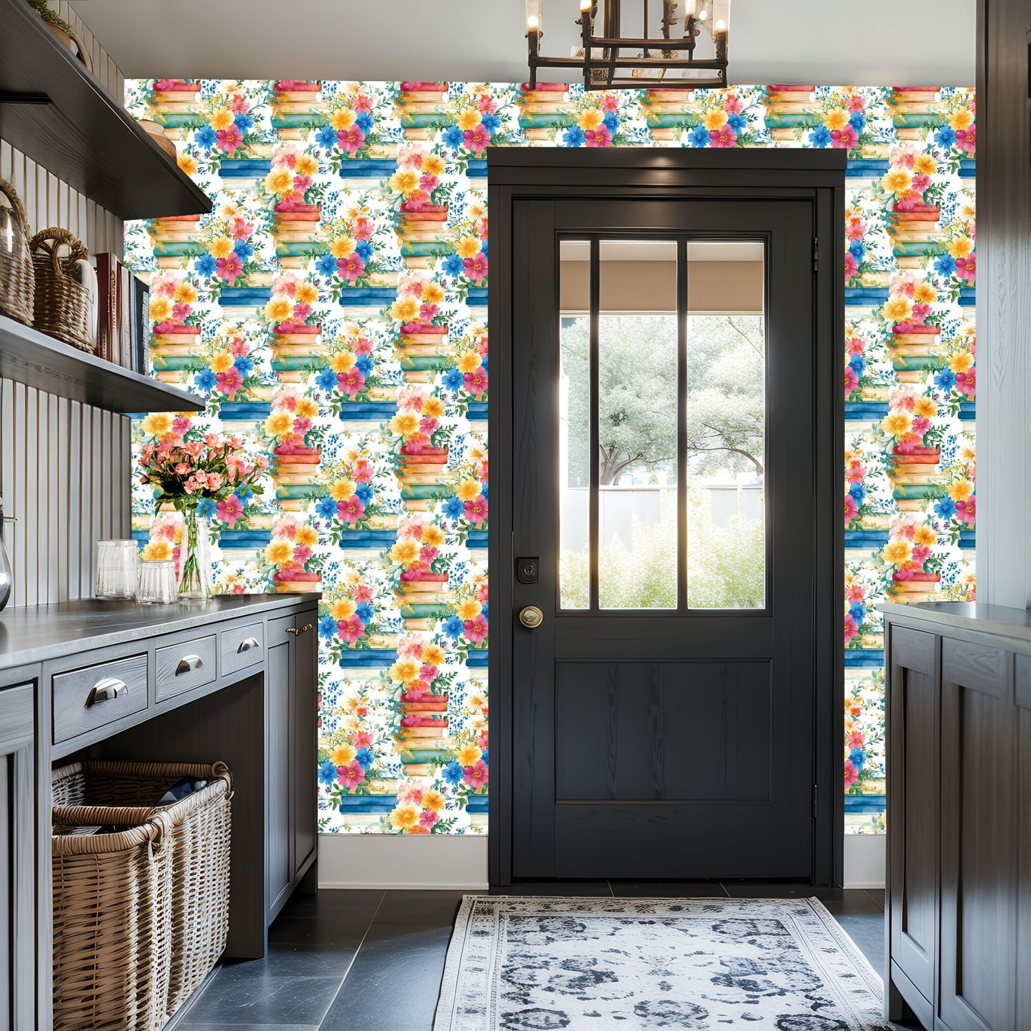 Peel and Stick Wallpaper Watercolor Floral Arrangement Colorful Books Blossoms Wall Mural 17.7in x 9.8ft Self Adhesive Removable Wall Paper Renter Friendly Wallpaper for Nursery Bedroom Classroom