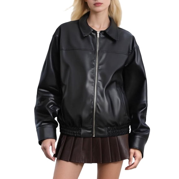 Vinsonshop Leather Jacket Women Motorcycle Jacket Women Casual Outerwear Womens Jackets Casual Outerwear for Women Womens Coats and Jackets Full Zip Jacket Black L