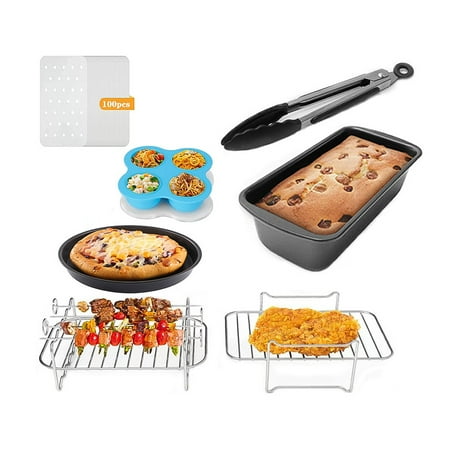 

7 Pcs Non-Stick 8 Inch Air Fryer Accessories Set Cake Baking Barrel Pizza Cupcake Pans Skewer Toast Racks Liners Replacement For Foodi Dualzone Dz201/401 Dual Basket Air Fryer
