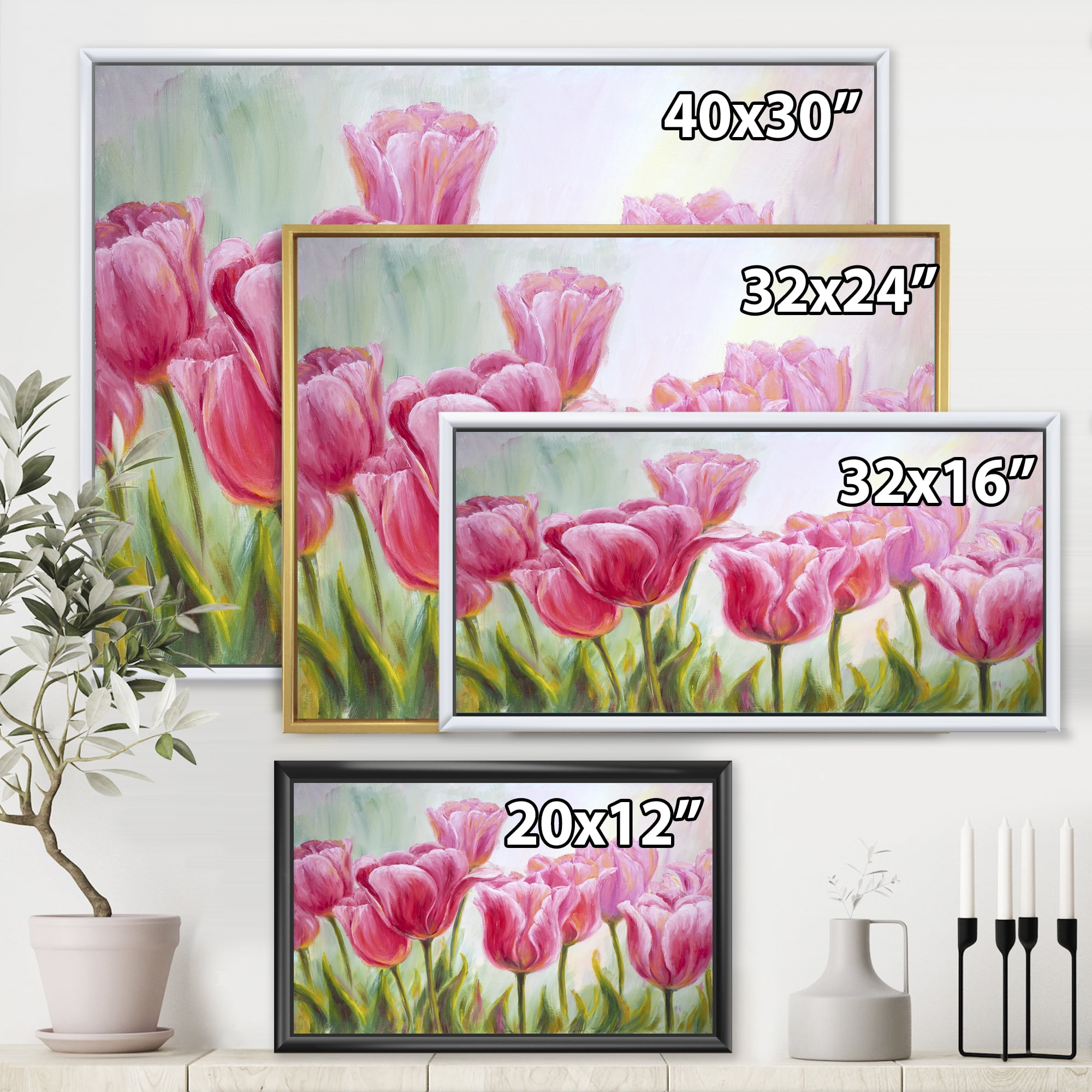 Designart 'Blossoming Red and Pink Tulips Flowers ' Traditional Framed Canvas Wall Art Print