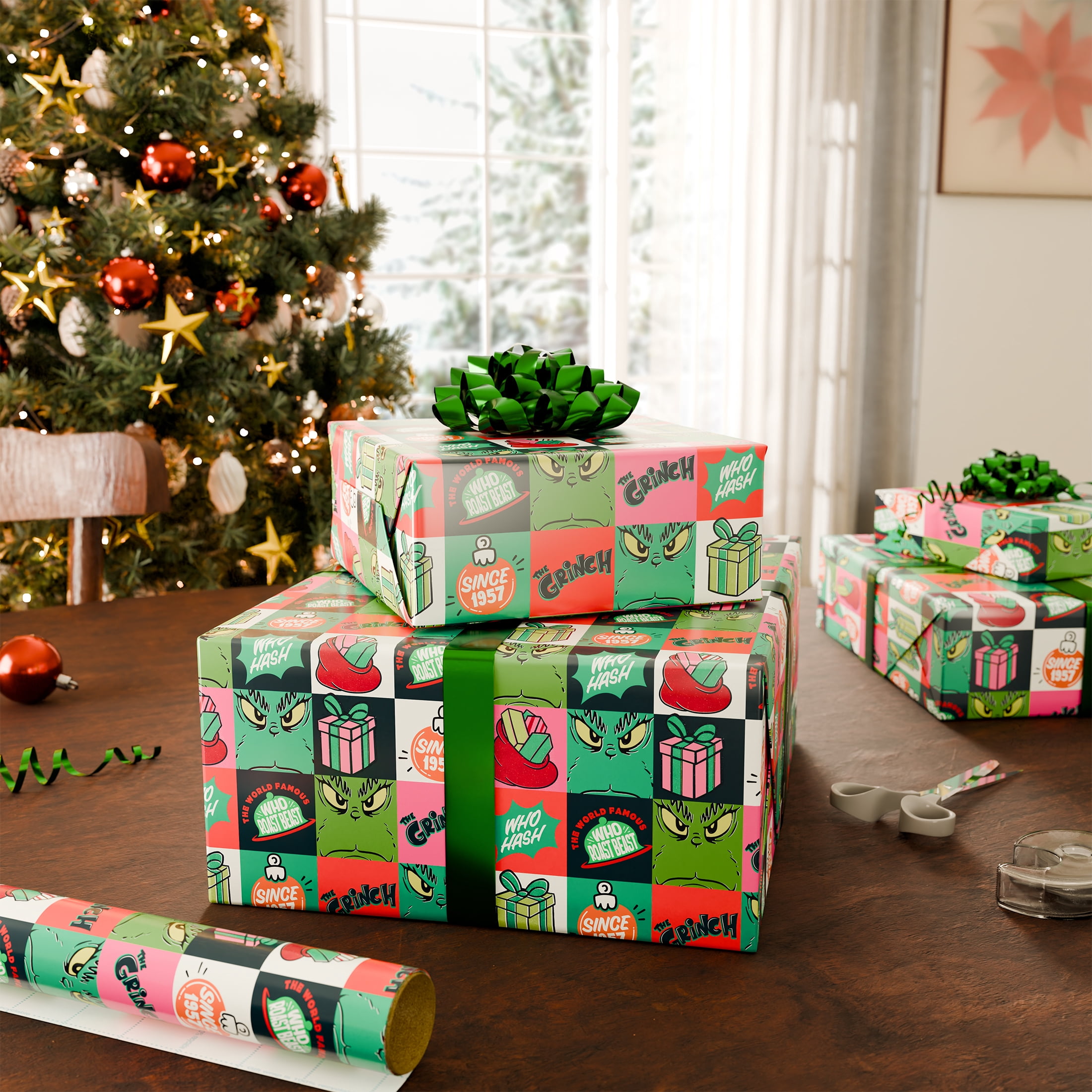 Plus Mark 40 in. Grinch Multi-color Block Christmas Wrapping Paper with Cutlines (60 Sq. ft., 1-Roll)