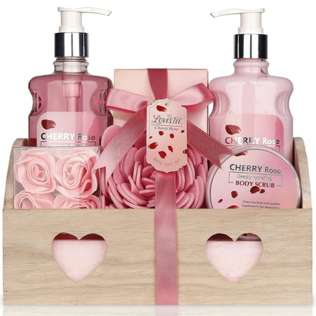 Best Mothers Day Relaxing Bath Spa Kit For Women, Gift Set Bath And Body Works - Cherry Rose Aromatherapy Spa Gift Basket Includes Shower Gel, Body Lotion, Bath Salt, Body Scrub Eva Sponge, and (Best Lush Shower Gel)