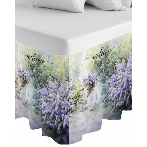 Purple Lavender Wrap Around Bed Skirts for Queen Bed 18" Drop,Bed Skirt with Adjustable Elastic Belt Dust Ruffle Bed Valance for Bedroom Hotel Green Leaves Spring Bike Botanical Bed Frame Cover