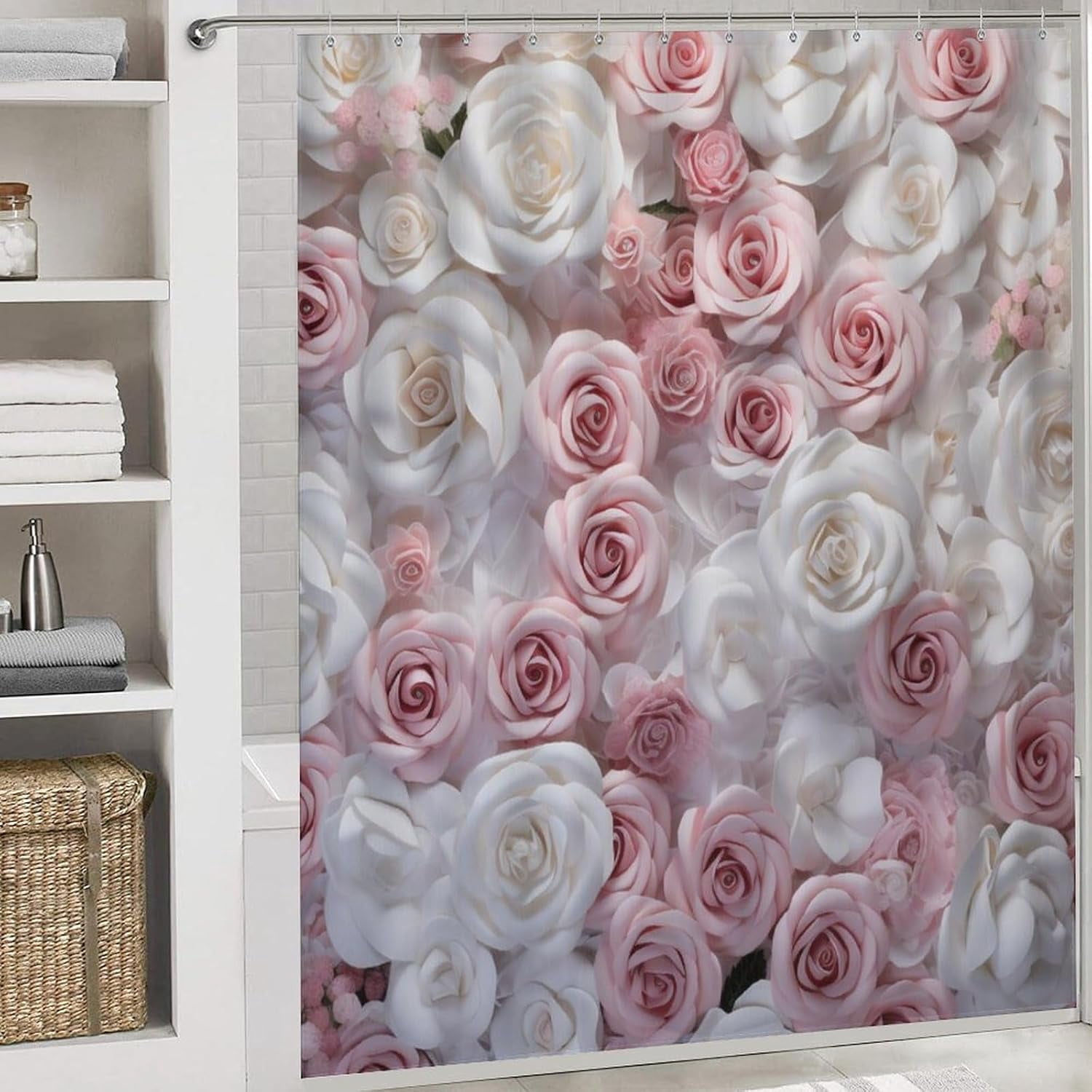 Beautiful Pink Roses Shower Curtain Sets with Rugs Toilet Lid Cover and Bath Mat Colorful Romantic Floral Shower Curtains with 12 Hooks Waterproof 4 Piece Bathroom Decor Set