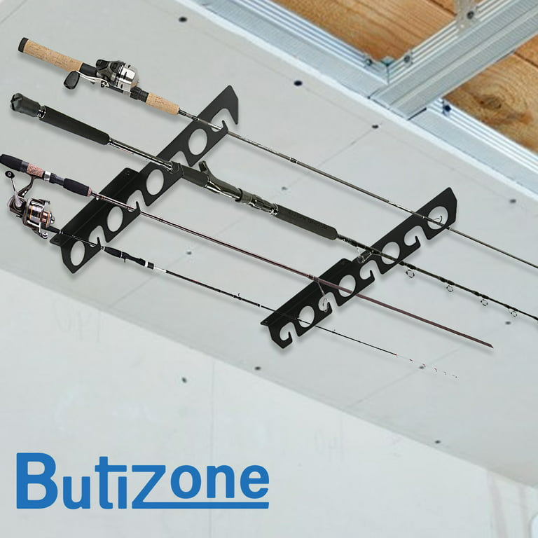 Butizone Fishing Rod Rack Ceiling Storage Rack Holder Wall Mount , Holds 8 Fishing  Rods Black 
