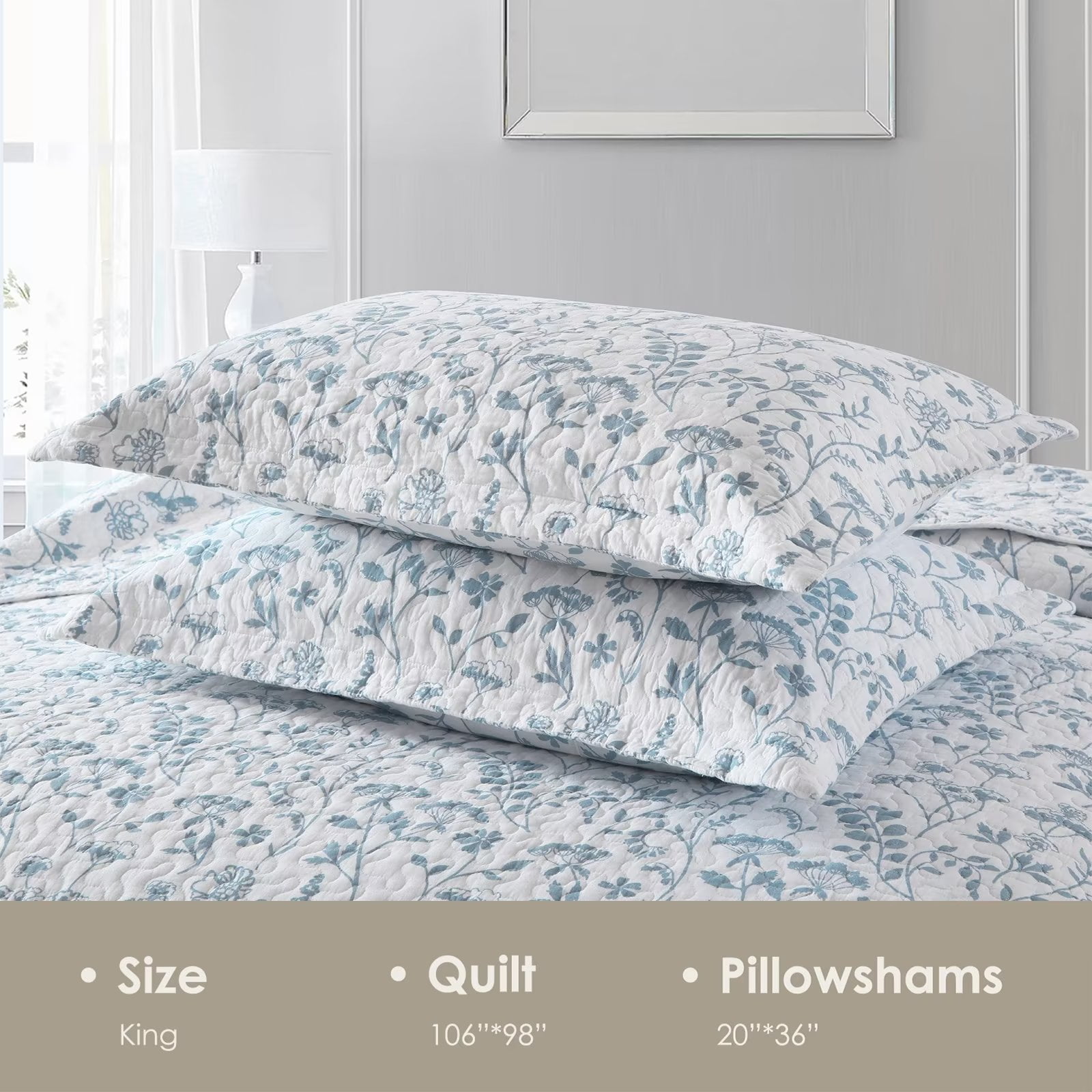 Bedduvit Blue & White Floral King Size Quilt - 100% Cotton Spring Flower Reversible Garden Country Quilt Bedspread, Lightweight Breathable King Quilt, 3-Piece Comforter Set for All Season 98"x106"