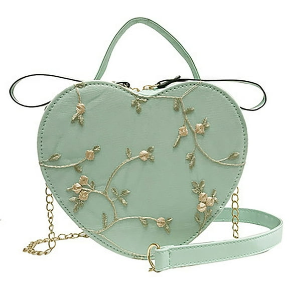 Green Heart Shaped Shoulder Bag for Women, Lady Crossbody Purse Handbags,Travel Casual Bag with Flower Embroidery,Fashion Sling Bag with Zipper Closure,Gift