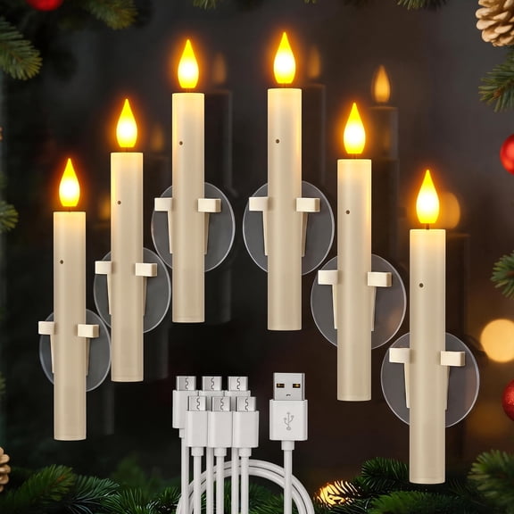 PChero 6Pcs Sensor Dawn to Dusk Window Candles, Rechargeable Candlesticks with Suctions, Flickering Flameless Battery Operated LED Taper Candles for Window Halloween Christmas Wedding Home Decor
