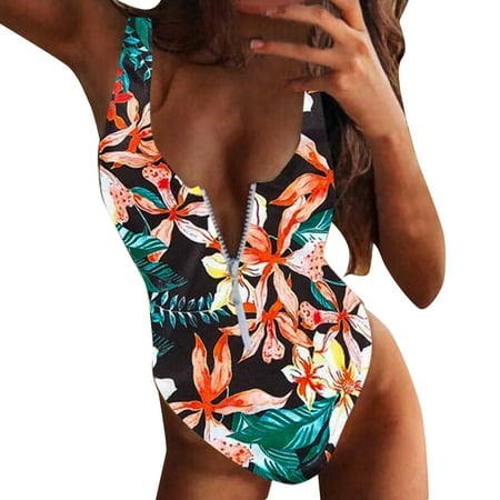 

Women s Swimsuit Zipper Print Monokini Push-Up Padded Bra Backless Swimwear