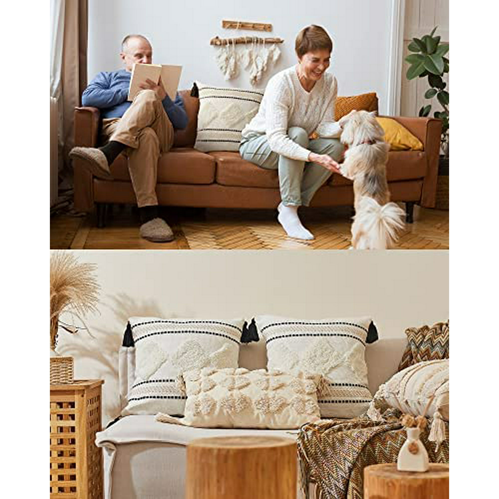 Set of 2 Morocco Boho Throw Pillow Covers 18x18 Square for Couch Bed Neutral Farmhouse Decorative Pillows Cover for Living Room Outdoor Throw Pillows for Patio Furniture Modern Accent Home Decor