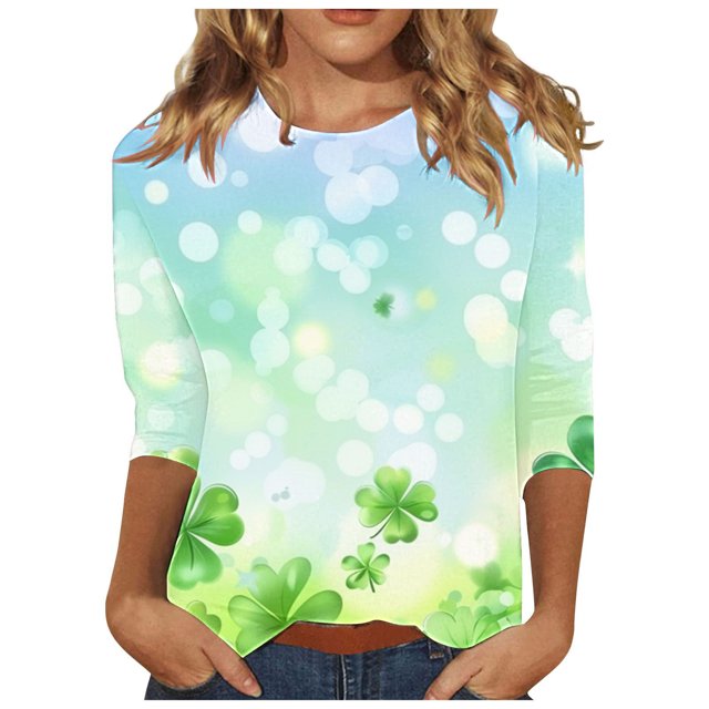 Diufon T-Shirts de la Saint-Patrick pour Femmes Décontractés Grande Taille Imprimé Trèfle Manches 3/4 Col Rond