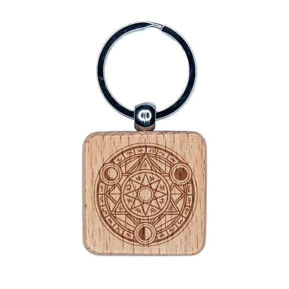 Magic Summoning Circle with Runes Square Keychain Charm Tag - Engraved Wood