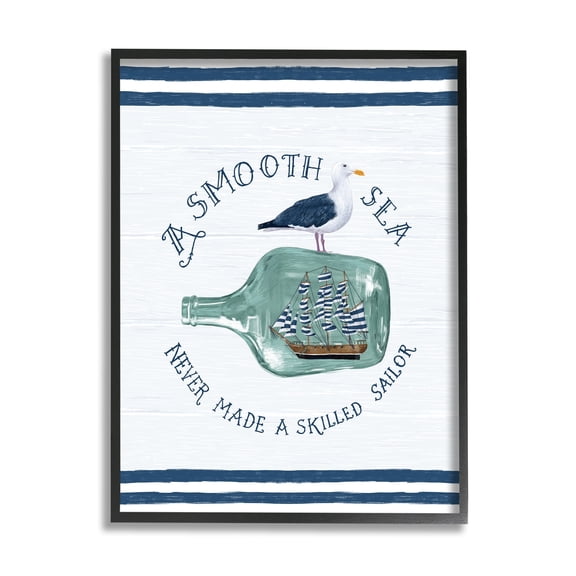 Stupell Industries Nautical Beach Saying Seagull Grainy Stripes Pattern Graphic Art Black Framed Art Print Wall Art, Design by Raquel Maciel