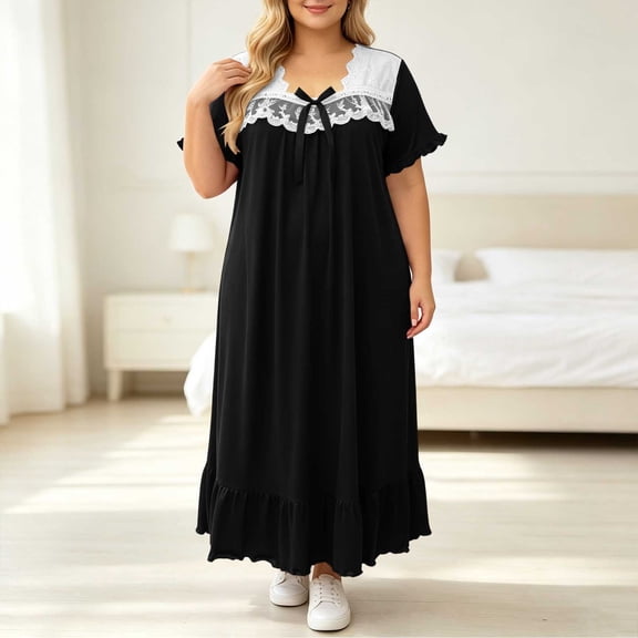 SELONE Long Nightgowns for Women Short Sleeve Plus Size Lace Maxi Sleep Shirt Ruffle Bow Long Dress Casual House Dress
