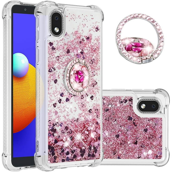case for Samsung Galaxy A01 Core Case with Creativity Clear Quicksand Glitter Flowing Liquid Floating Soft TPU Case w/Stand Bling Diamond Sparkle Phone Cover for Samsung Galaxy A01 Core Rose Gold