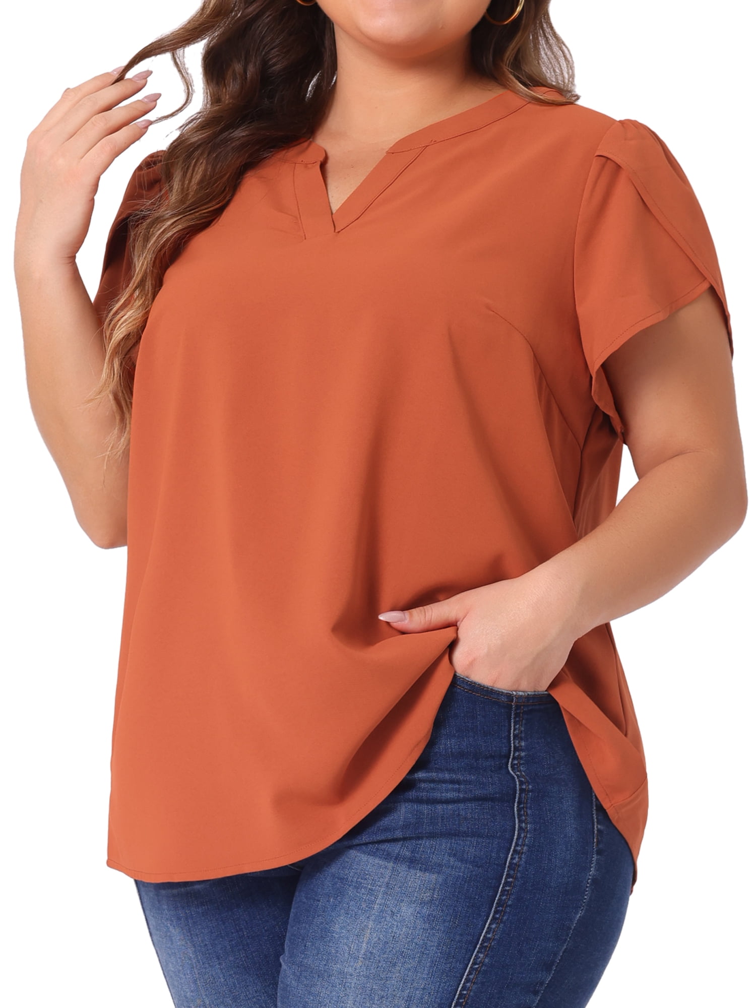 Women's Plus Blouses Notched V Neck Short Petal Sleeve Shirts Casual Dressy Tops 1X Caramel