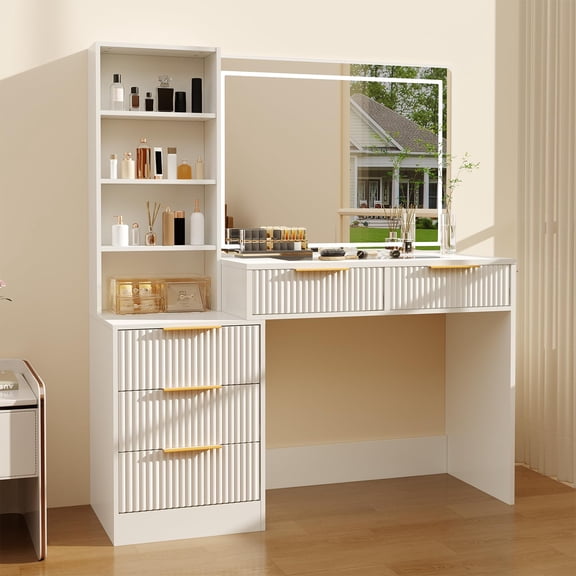 48" Fluted Makeup Vanity Desk with Lights Glass Top Large Dressing Table with 5 Drawers Charging : White White