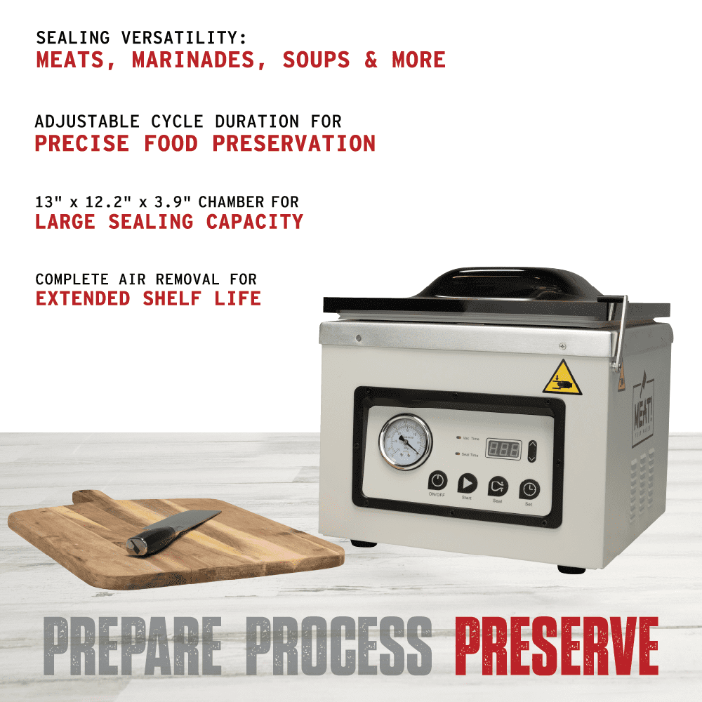 MEAT! Chamber Vacuum Sealer with 12" Sealing Bar, Adjustable Seal Time, Vacuum Gauge, and Vacuum Bag Sampler Pack for Preserving Meat and Vegetables
