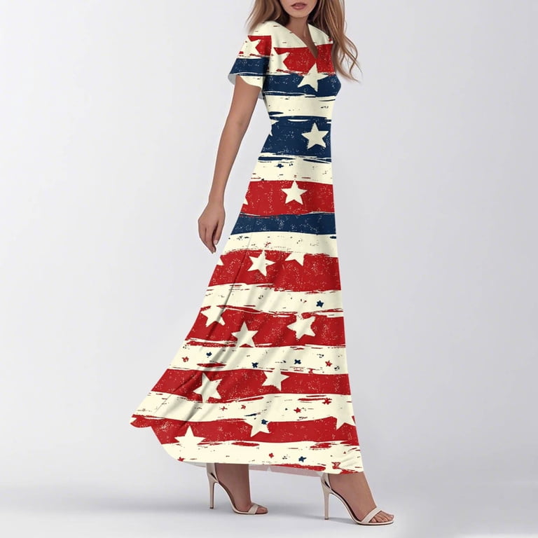 SAATLERI Red White and Blue Dress for Women Fashion American Flag Dress  A-Line Fashion V Neck Short Sleeve USA Sun Dress Beach Maxi Dresses -  Walmart.com