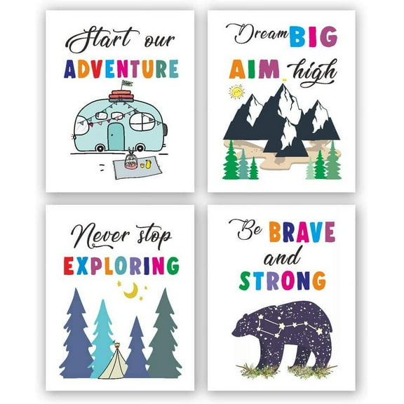 Colored Adventure Art Prints,Kids Inspirational Decor, Camping Wall Decor，Nursery Art, Inspirational Wall Art for Canvas Wall Art, Forest Animal Inspirational Canvas Posters8X10 In 4-piece Frameless